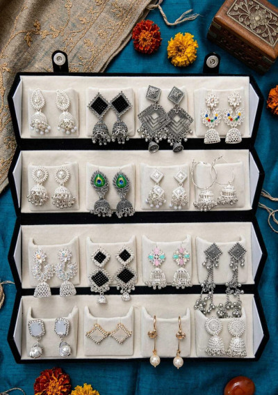Antico Combo of 16 Pair Silver Oxidised Jaipuri Earrings With Velvet Folding Box Beads, Black Diamond, Crystal, Diamond, Pearl Alloy Jhumki Earring, Drops & Danglers, Stud Earring, Earring Set