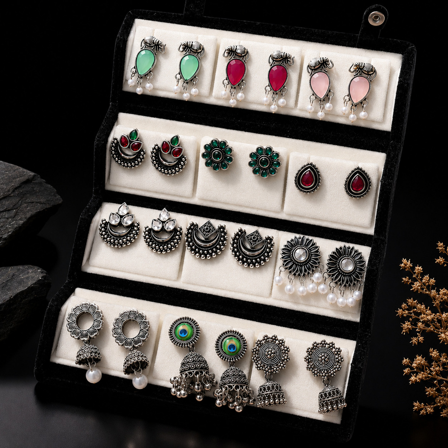 UrbanKiwi 12 Pairs Jhumka Earrings with Folding Box | Alloy Hoop Jhumki Huggie Stud Set Alloy Jhumki Earring, Stud Earring, Drops & Danglers